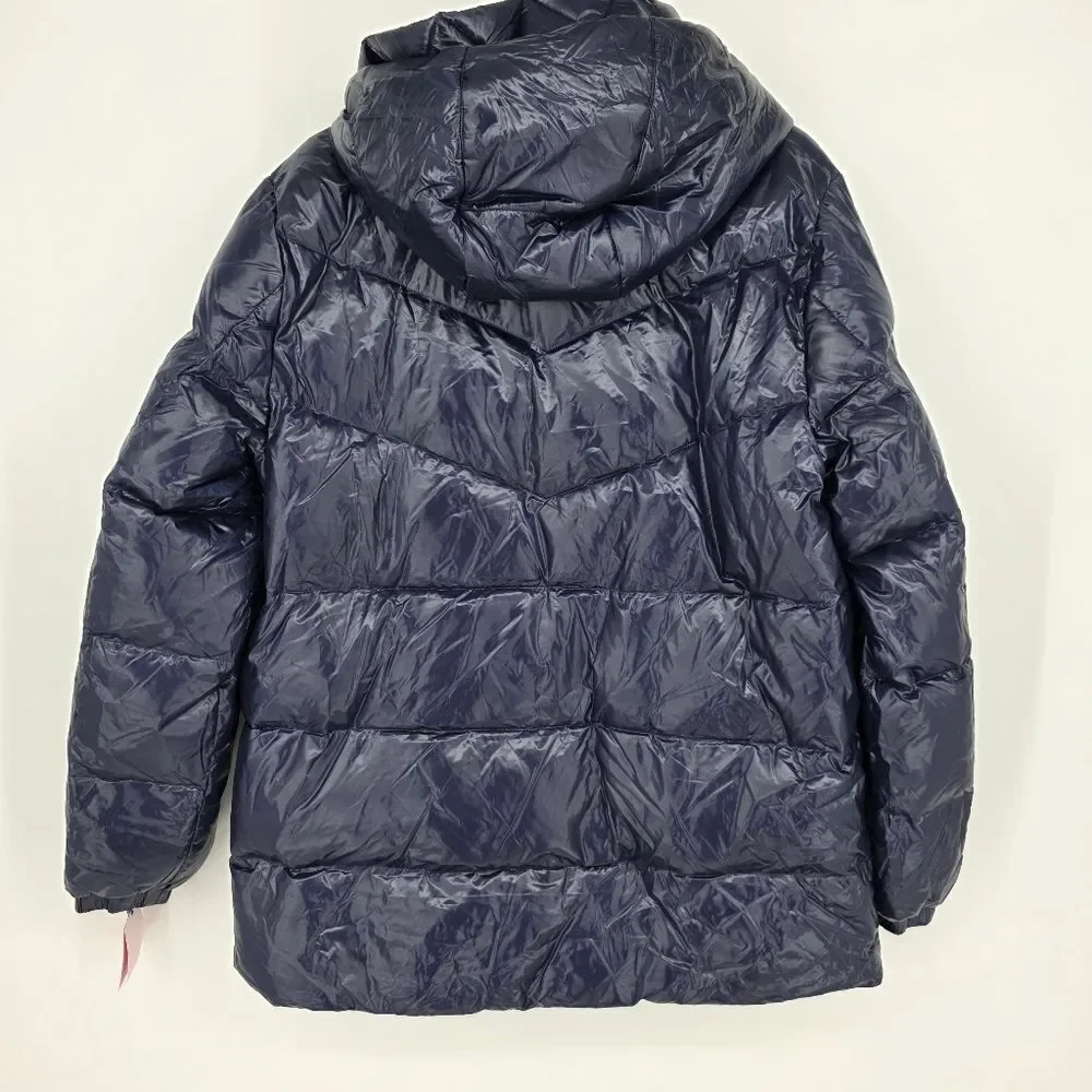 Kate Spade‎ Women's NWT Blue Metallic Hooded Zip Front Down Jacket Coat Large